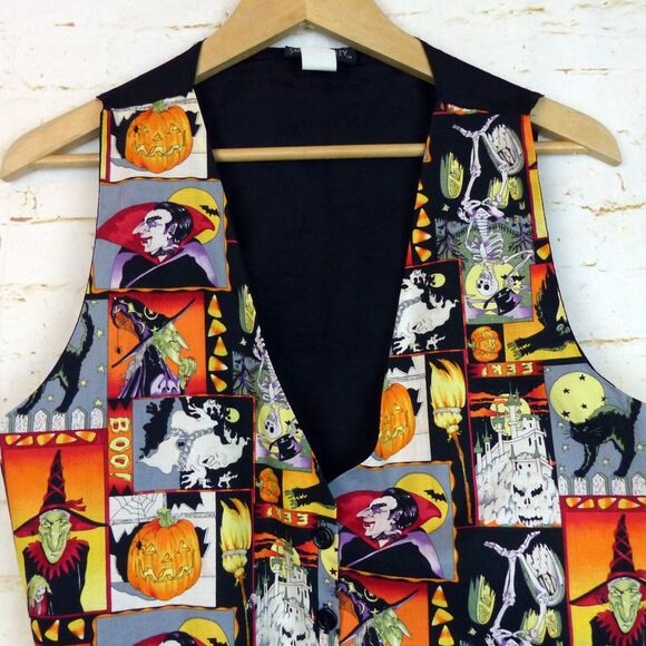 VTG 90s Smoke Valley Halloween Theme Vest Women L/XL Dracula Witch Skeleton Owl - Picture 3 of 10